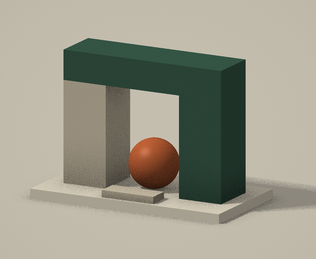 Original sculptural illustration of interconnected forms in forest green and stone, reflecting aligned business thinking